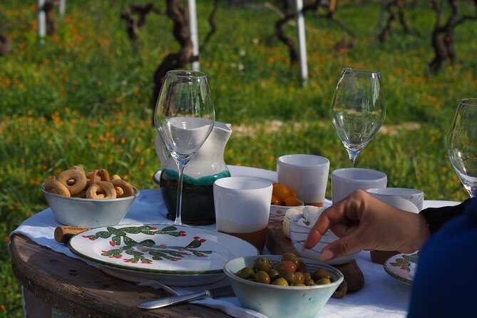 Picnic aperitif in the vineyard of an ancient trullo in Martina Franca - Choosing the wine with the picnic basket