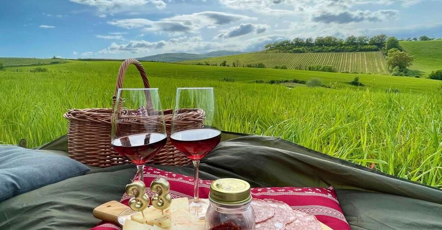 Picnic in the organic vineyards of Brunello - Opening the basket: bread, meats, and cheese