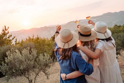 Sunset wine tasting in vineyard